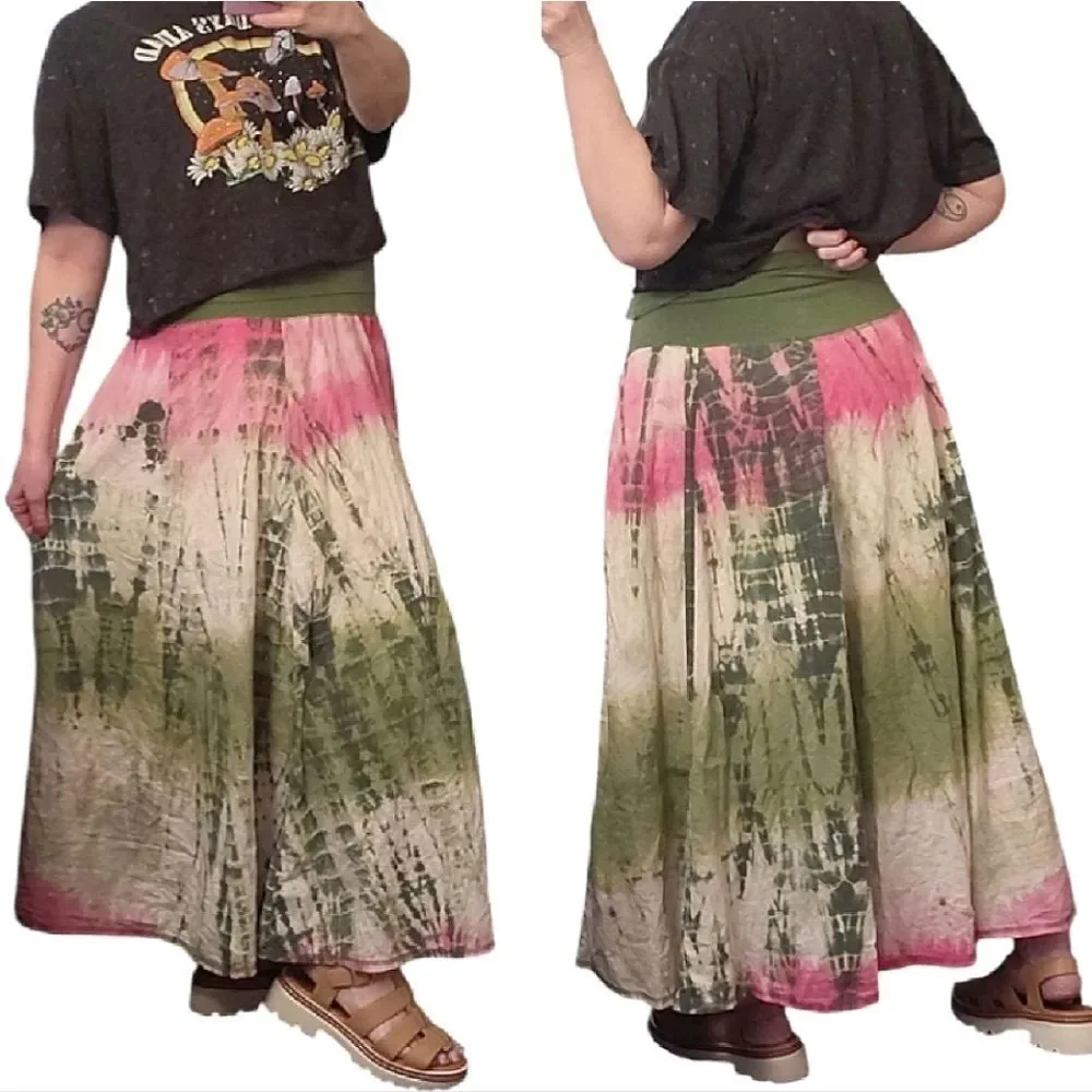 VTG Y2K Green Pink Tie Dye Fold Over Fairycore Gypsy Midi Skirt *Fits Like Large - Picture 7 of 9